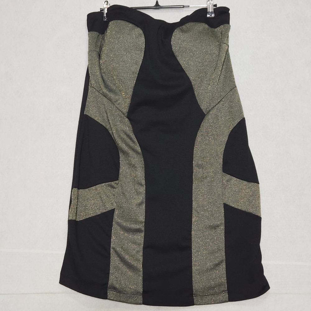 Black Gold Glitter Panel Strapless Midi Dress Bodycon Glam Evening size M